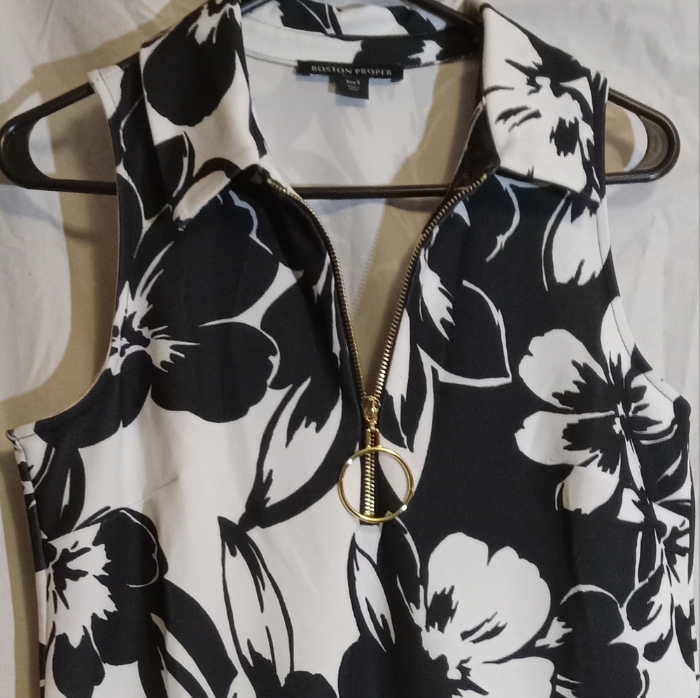 🩷💚⚜️Boston Proper⚜️🩷💚Womens Chic Zip Dress Floral Black White Sporty Size SM